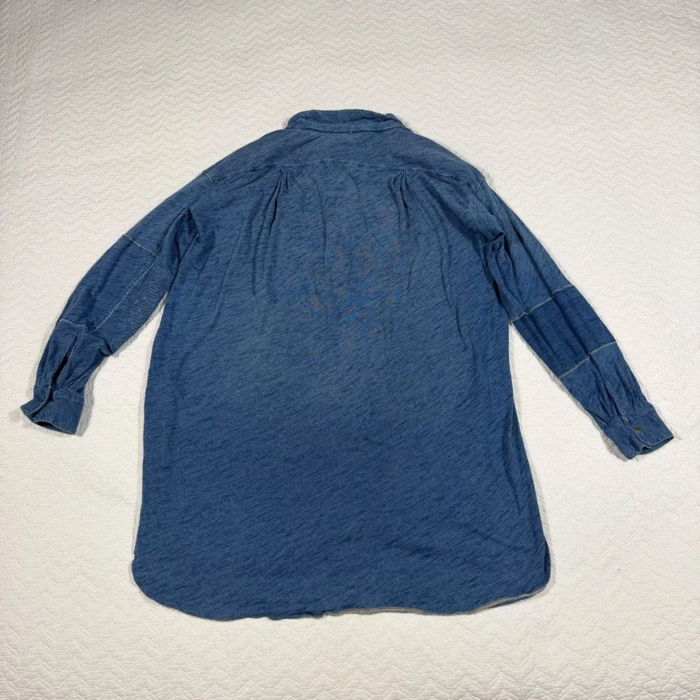 We The Free Women Love This Henley Tunic Top XS‎ Oversized Raw Edge Blue EUC